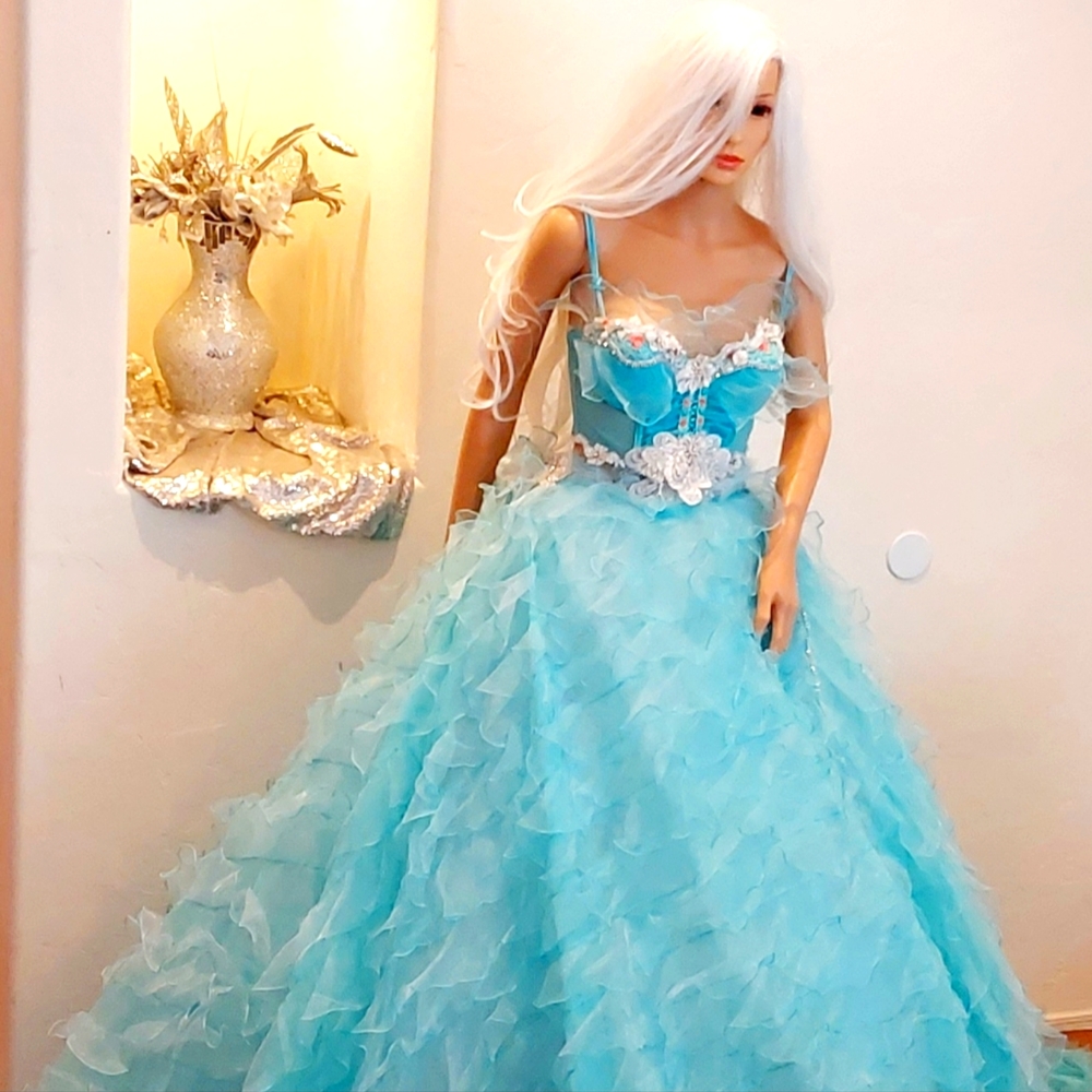 "MARINA" Ocean Blue & White Boho Wedding Ballgown Set